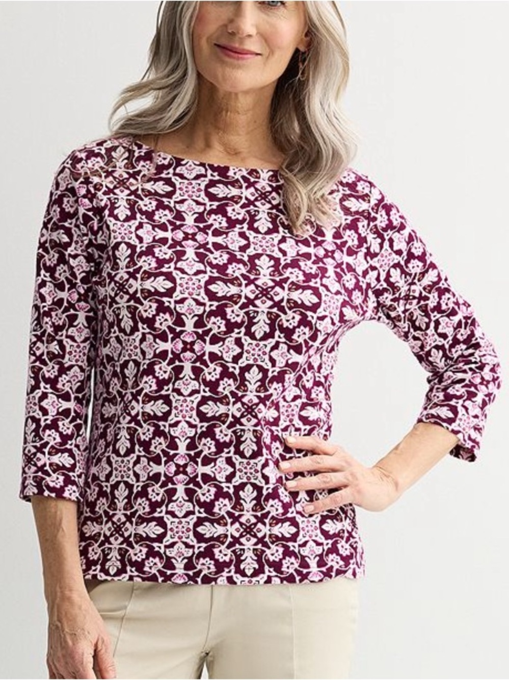 Croft & Barrow Maroon and White Patterned Boatneck Top size XXL